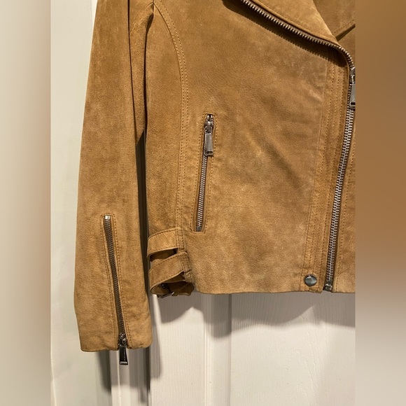 BCBGeneration Size S Camel Tan Suede Full Zip Buckles Moto Bomber Jacket Leather - Picture 7 of 14